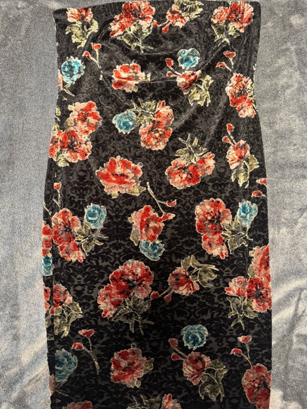Black Floral Velvet Pencil Skirt with Red & Teal Flowers